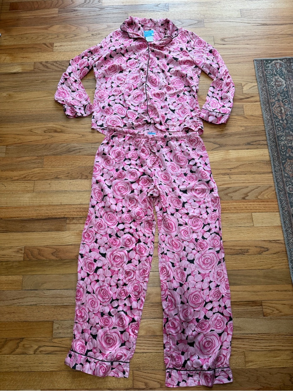 100% Silk Pink Rose-Print Pajama Set - Size L